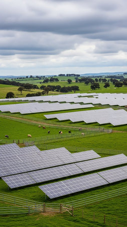 With showing expansive solar panel farm in a green rural landscape with grazing cattle keywords: solar panels, solar farm, renewable energy, green energy, electricity, power, sustainable,...の素材
