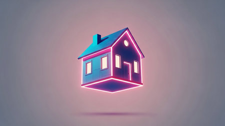 A 3D rendered house floats in the air, outlined with vibrant pink and blue neon lights, with glowing windows against a soft gradient background.の素材