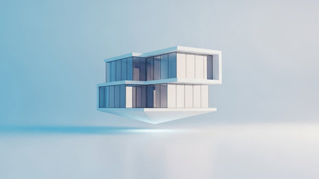 A minimalist, futuristic house with clean lines and glass facades appears to float against a soft blue gradient background.の素材