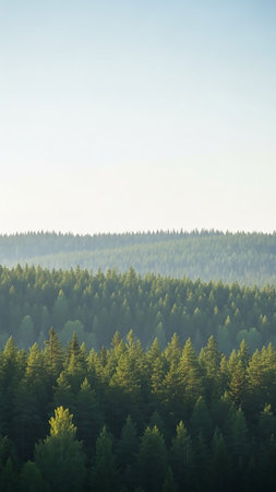 A vast expanse of dense green forest stretches across rolling hills, fading into a hazy distance under a pale, clear sky.の素材