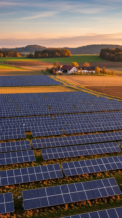 Rows of solar panels fill a rural landscape bathed in the warm glow of sunset, with rolling hills and a distant farmhouse visible.の素材
