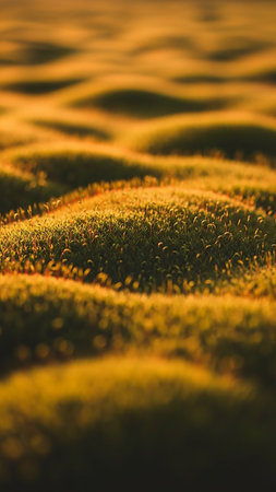 Golden hour sunlight casts a warm glow on a field of green grass, creating rippling patterns with a soft, out-of-focus background.の素材