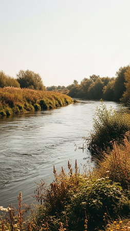A serene river winds through a sunlit autumnal landscape, bordered by golden grasses and lush trees under a clear sky.の素材