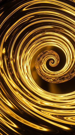 A close-up abstract view of a golden spiral with bright light reflections against a dark background creating a luminous and flowing pattern.の素材