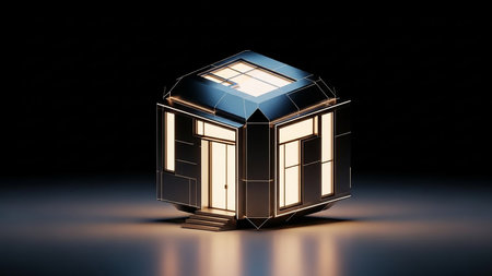A futuristic, geometric cube-shaped building with illuminated windows and a small set of stairs, presented on a dark reflective surface.の素材