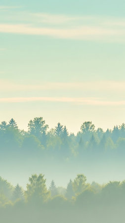 A serene forest landscape shrouded in mist, with soft pastel colors in the sky and silhouetted trees creating a tranquil and atmospheric view.の素材