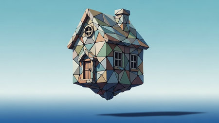 A low poly geometric house with a colorful faceted exterior floats in a surreal blue sky with a reflection on a blue surface below.の素材