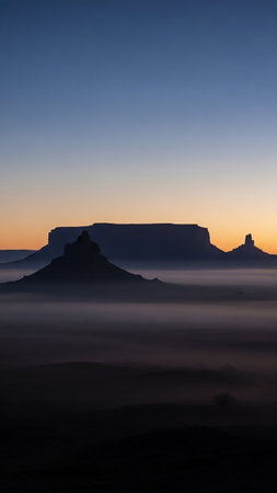 A serene desert landscape at dawn, with silhouetted mesas emerging from a layer of mist under a clear, gradient sky.の素材