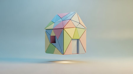 A 3D rendered geometric house composed of colorful triangular blocks floats above a light gray surface with a soft spotlight underneath.の素材
