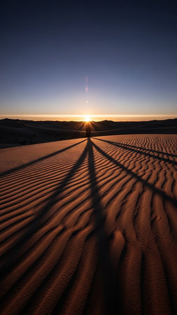 A single person stands in a desert, casting long, dramatic shadows across the intricately rippled sand dunes at sunrise.の素材