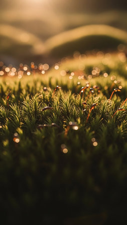 A macro close-up reveals the intricate texture of green moss covered in glistening dew drops, with soft, warm bokeh lights creating a magical atmosphere.の素材