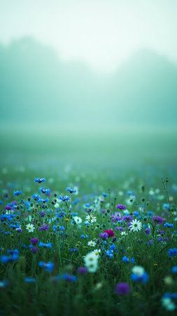 A serene meadow filled with blue, white, and purple wildflowers shrouded in a soft, hazy mist during the early morning light.の素材