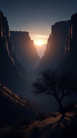 A dramatic canyon landscape at sunset, with golden light illuminating the sky between towering cliffs and a silhouetted bare tree.の素材