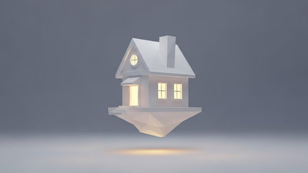 A simple white house is suspended in the air on a faceted geometric platform, emitting a soft warm light from its windows and base against a neutral background.の素材