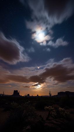 Monument Valley at night under a cloudy moonlit sky with stars visible. Desert landscape with rock formations and cacti in silhouette.の素材