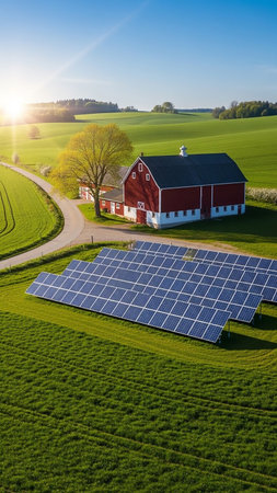 A classic red barn and a field of solar panels are situated in a vibrant green rural landscape under a bright, sunny blue sky.の素材