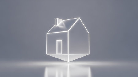 A minimalist 3D rendered house icon formed by a bright white neon outline floats above a reflective surface.の素材
