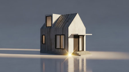 A miniature modern house with a geometric design and clean lines is illuminated by dramatic lighting, casting long shadows on a reflective surface.の素材