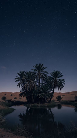 A tranquil desert oasis at night, with a cluster of palm trees reflected in the calm water under a vast, starry sky.の素材