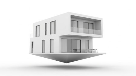 A minimalist, modern white two-story house with large windows and balconies appears to float in the air against a stark white background.の素材
