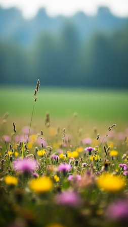 A soft focus meadow filled with blooming purple and yellow wildflowers, with a blurred green forest in the background under gentle sunlight.の素材