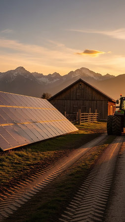 A rural farm scene at sunset features solar panels in the foreground, a wooden barn, and a tractor. Mountains are visible in the background under a warm, colorful sky.の素材