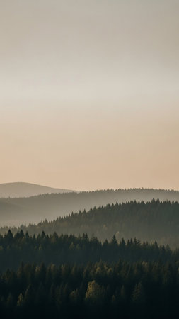 Layers of dark green forested hills recede into a soft, hazy atmosphere under a pale sky, creating a serene landscape.の素材