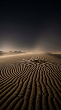 Expansive desert sand dunes with intricate ripple patterns under a dark, star-filled night sky. Clear details and vibrant colors enhance visual appeal.の素材