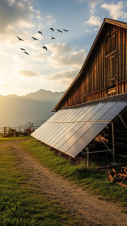A rustic wooden barn with solar panels attached to its roof is set against a mountain landscape during a golden sunset, with birds in flight.の素材