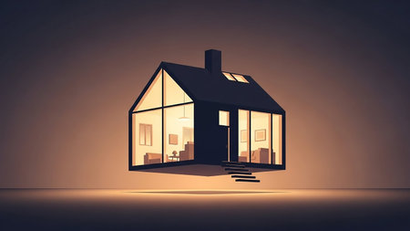 A dark, modern house with large glass windows appears to float against a warm, glowing gradient background, showcasing its illuminated interior.の素材