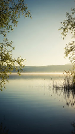 A serene lake at sunrise, with soft mist rolling over distant mountains and silhouetted reeds in the foreground, bathed in gentle light.の素材