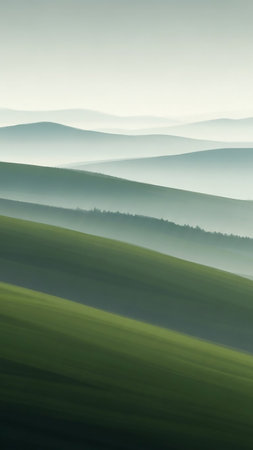 Softly rolling green hills fade into a misty haze with a distant treeline under a pale, atmospheric sky.の素材