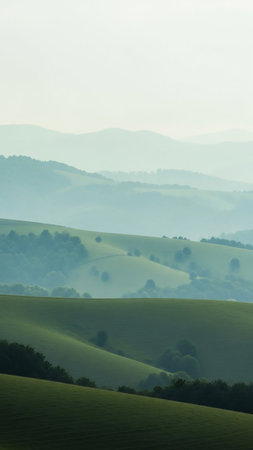 Misty showing rolling green hills and distant mountains in soft morning mist and haze keywords: hills, mountains, landscape, nature, green, rolling, mist, haze, fog, soft, light, atmospheric,...の素材