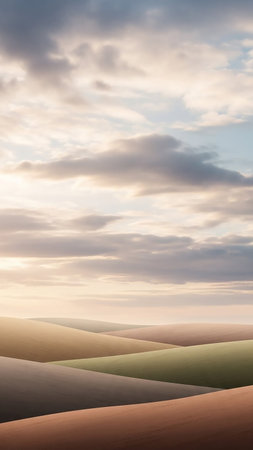 Gently rolling hills in soft, muted earth tones create an undulating landscape beneath a sky filled with wispy, pastel-colored clouds.の素材