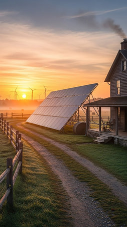 A rustic farmhouse with solar panels and distant wind turbines bathed in the warm glow of a sunrise over a misty rural landscape.の素材
