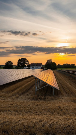 Rows of solar panels stand in a field of dry stubble, reflecting the warm golden light of a setting sun under a cloudy sky.の素材
