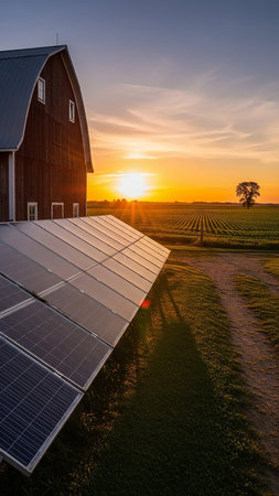 A rustic wooden barn and solar panels are illuminated by the golden light of a sunset over a cultivated field.の素材