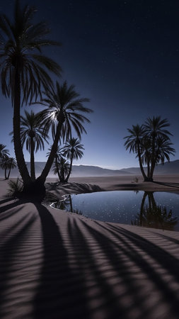 A tranquil desert oasis at night, featuring silhouetted palm trees and their reflections in a still pool of water under a vast, star-filled sky.の素材
