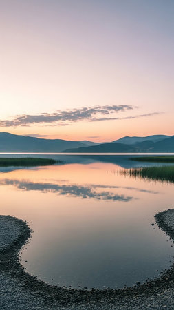 A tranquil lake reflects the pastel hues of a sunset sky, with silhouetted mountains in the distance and a pebble shoreline in the foreground.の素材