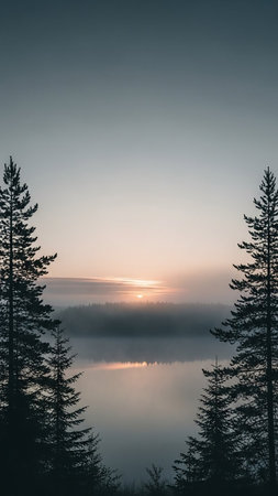Silhouetted pine trees frame a misty lake at sunrise, with soft pastel colors in the sky and a gentle reflection on the water.の素材