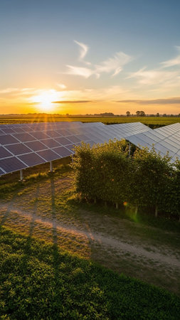 Solar panels are illuminated by the warm golden light of a sunset, casting long shadows across a field with silhouetted trees in the background.の素材