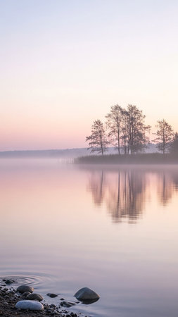 A tranquil lake shrouded in mist at sunrise, with silhouetted trees reflected in the calm water and pebbles on the shore.の素材