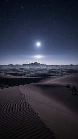 Expansive desert dunes are illuminated by a bright full moon and a sky filled with stars, creating a dark and serene nocturnal landscape.の素材
