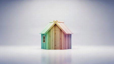 A small, charming wooden house with vertical planks painted in a rainbow gradient stands on a clean white surface.の素材