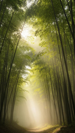 Sunbeams pierce through the dense canopy of a lush green bamboo forest, illuminating a path through the mist on a serene morning, creating an ethereal atmosphere.の素材