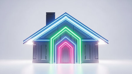 A stylized house silhouette is outlined with vibrant blue, green, and pink neon lights forming archways and a chimney, set against a white background.の素材