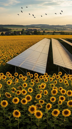 A vibrant sunflower field stretches towards the horizon, interspersed with rows of solar panels under a warm sunset sky with birds in flight.の素材