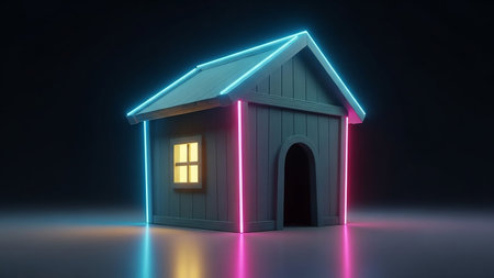 A small wooden house illuminated by vibrant blue and pink neon lights, set against a dark, reflective background.の素材