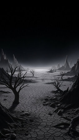 A surreal, dark, and barren landscape features cracked earth, skeletal trees, and jagged rock formations under a starry night sky.の素材