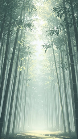 Outdoors showing tall bamboo forest with sunlight filtering through the canopy keywords: bamboo forest, bamboo grove, tall bamboo, green bamboo, nature, forest, woodland, trees, canopy, sunlight,...の素材